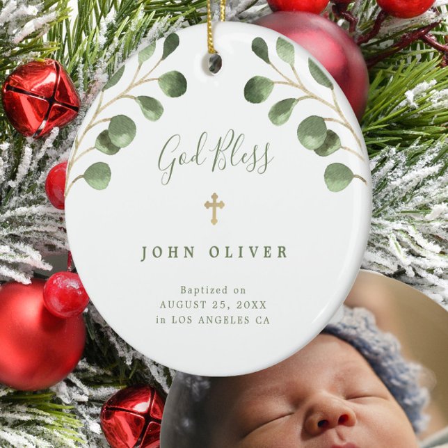 Green eucalyptus foliage baby baptism photo  ceramic ornament (Creator Uploaded)