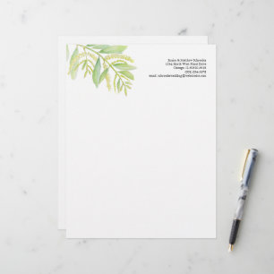 Green eucalyptus foliage flowers watercolor art custom letterhead