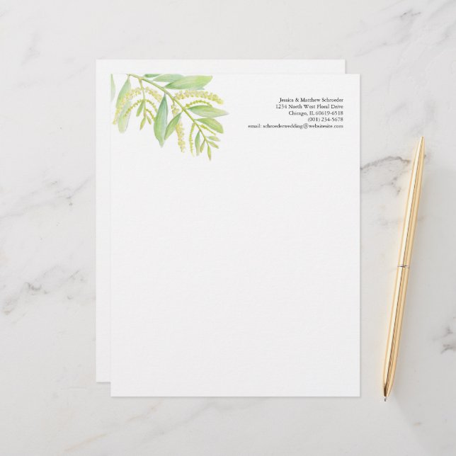 Green eucalyptus foliage flowers watercolor art custom letterhead (Front/Back In Situ)