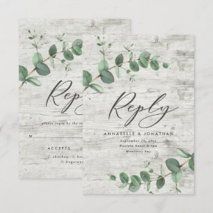 green eucalyptus foliage white wood wedding RSVP Card