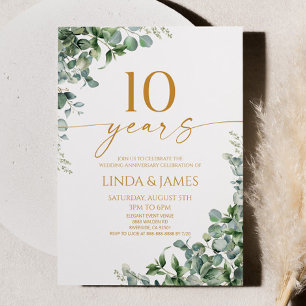 Green Eucalyptus Gold 10th Wedding Anniversary Invitation