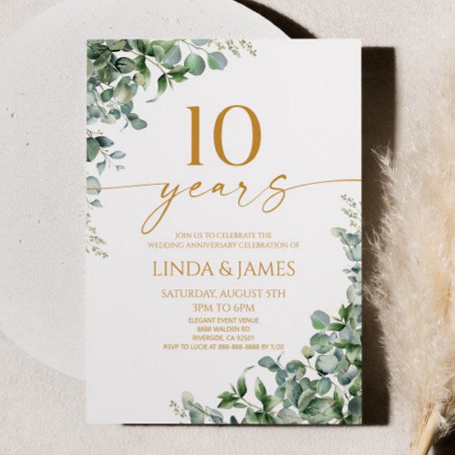 Green Eucalyptus Gold 10th Wedding Anniversary Invitation (Creator Uploaded)