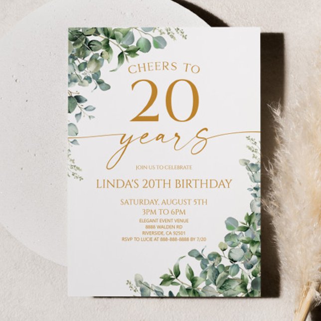 Green Eucalyptus Gold 20th Birthday Party Invitation (Creator Uploaded)
