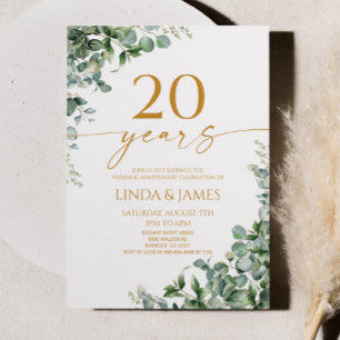 Green Eucalyptus Gold 20th Wedding Anniversary Invitation
