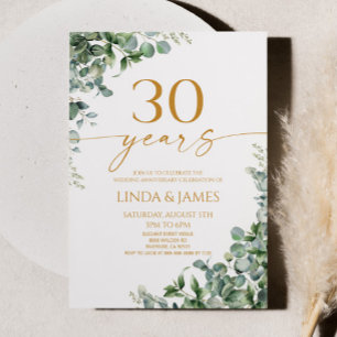 Green Eucalyptus Gold 30th Wedding Anniversary Invitation