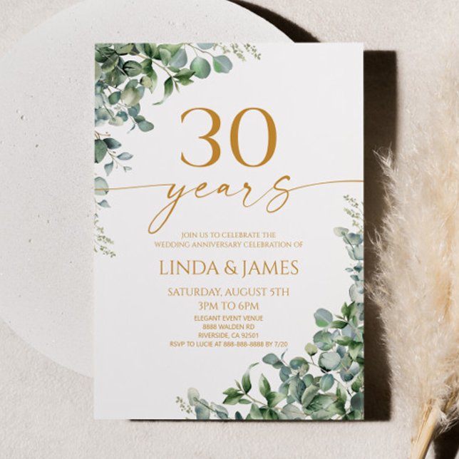 Green Eucalyptus Gold 30th Wedding Anniversary Invitation (Creator Uploaded)