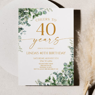 Green Eucalyptus Gold 40th Birthday Party Invitation