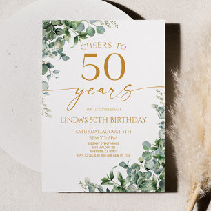Green Eucalyptus Gold 50th Birthday Party Invitation