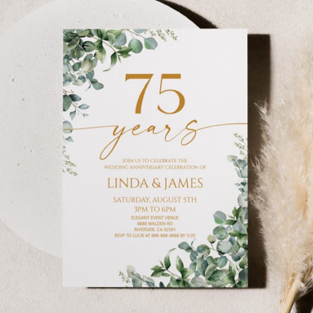 Green Eucalyptus Gold 75th Wedding Anniversary Invitation (Creator Uploaded)
