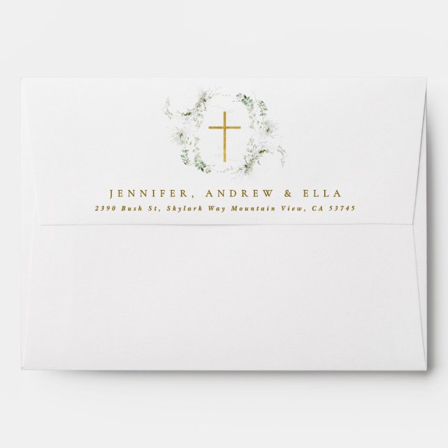 Green Eucalyptus Gold Cross Wreath Girl Baptism Envelope (Back (Top Flap))