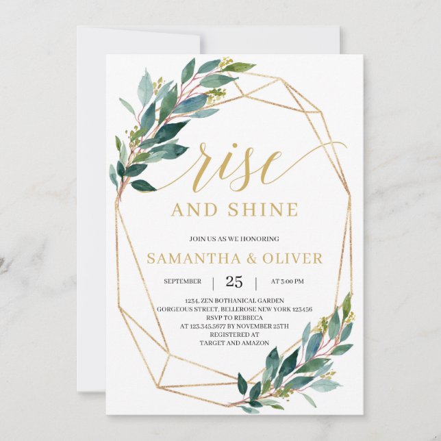 Green eucalyptus gold geometric boho wedding invitation (Front)
