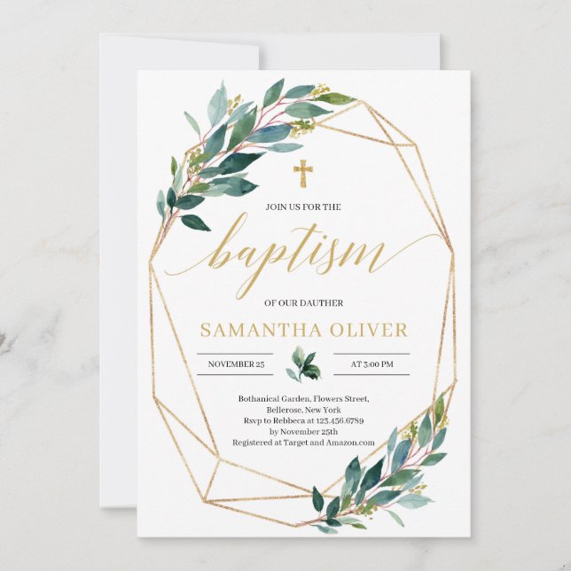Green eucalyptus gold geometric frame baptism invitation (Front)
