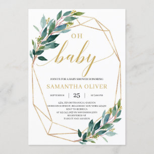 Green eucalyptus gold geometric Oh Baby Shower Invitation