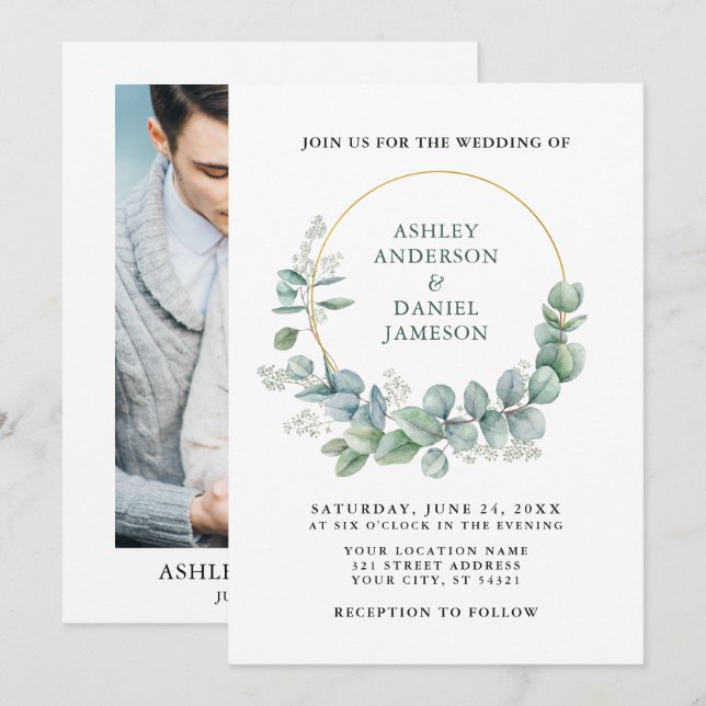 Green Eucalyptus Gold Photo Wedding Invitation (Front/Back)