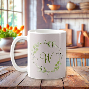 Green Eucalyptus & Leaf Wreath Script Monogram Coffee Mug
