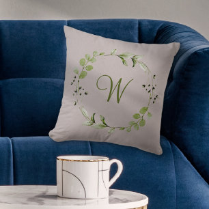 Green Eucalyptus & Leaf Wreath Script Monogram Cushion