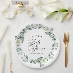 Green Eucalyptus Leaves Botanical Baby Shower Paper Plate