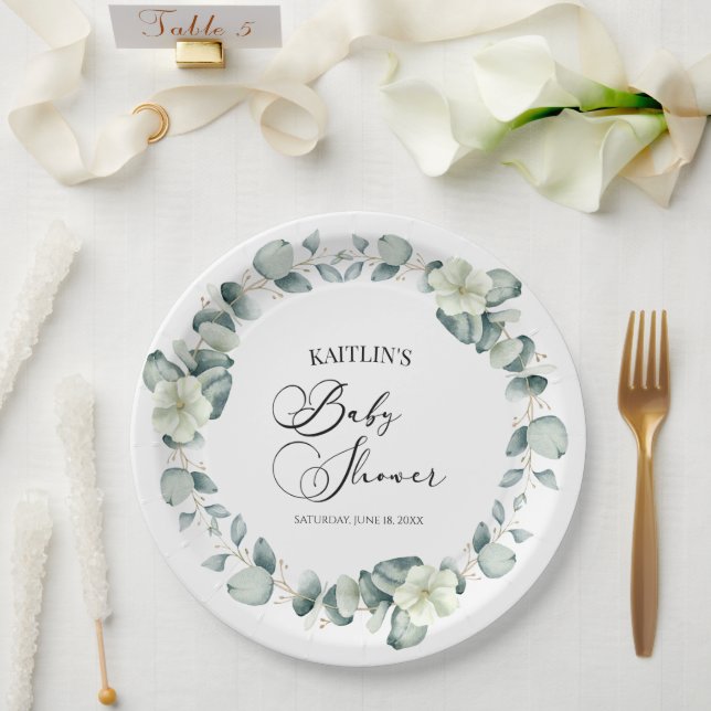 Green Eucalyptus Leaves Botanical Baby Shower Paper Plate (Wedding)