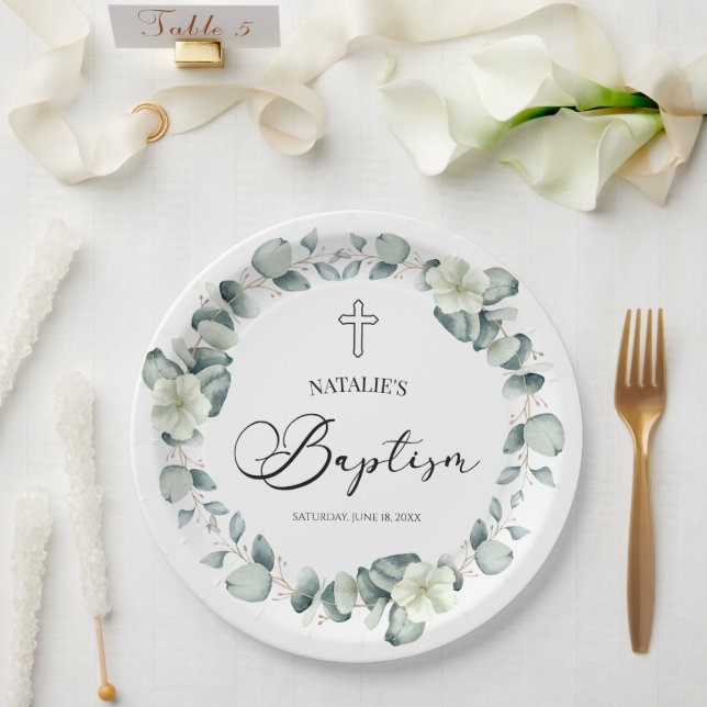 Green Eucalyptus Leaves Botanical Baptism Paper Plate (Wedding)