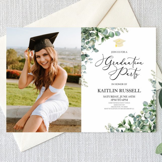 Green Eucalyptus Leaves Botanical Graduation Party Invitation (Creator Uploaded)
