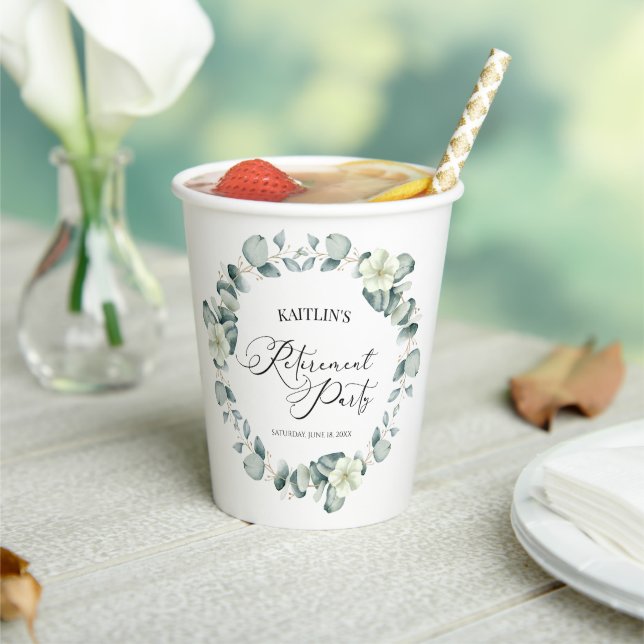 Green Eucalyptus Leaves Botanical Retirement Party Paper Cups (Insitu)