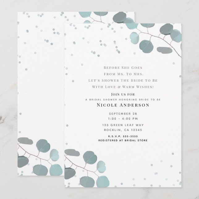 Green Eucalyptus Leaves Bridal Shower Invitation (Front/Back)