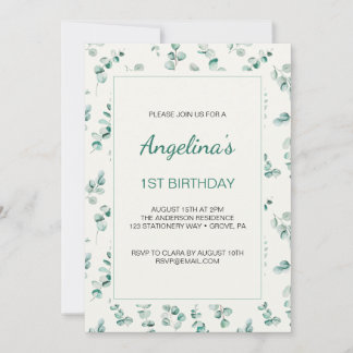 Green Eucalyptus Leaves First Birthday Invitation