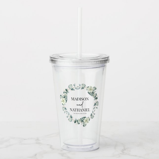 Green Eucalyptus Leaves Greenery Botanical Wedding Acrylic Tumbler (Front)