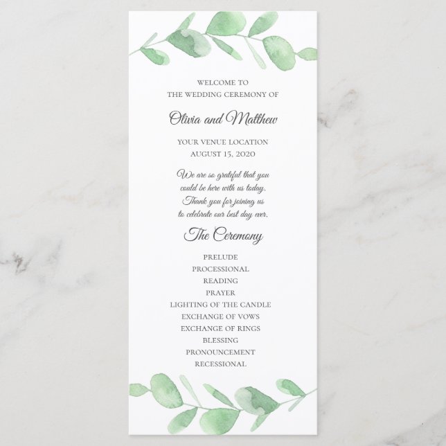 Green eucalyptus leaves. Simple Wedding Program (Front)