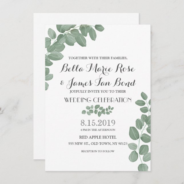 Green Eucalyptus Leaves Wedding Invitation (Front/Back)
