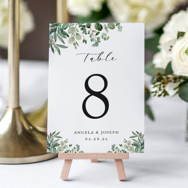 Green Eucalyptus Leaves Wedding Table Number Card (Creator Uploaded)