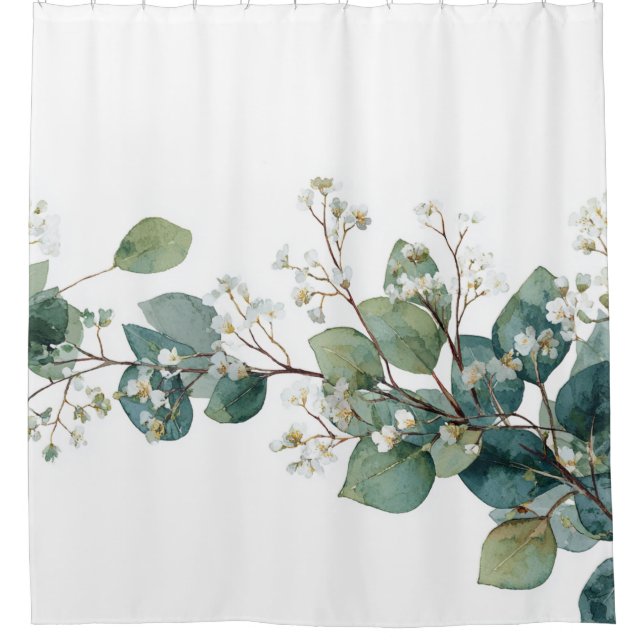Green Eucalyptus Pastel Floral Whimsical Botanical Shower Curtain (Front)