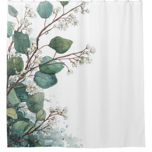 Green Eucalyptus Pastel Floral Whimsical Botanical Shower Curtain (Front)