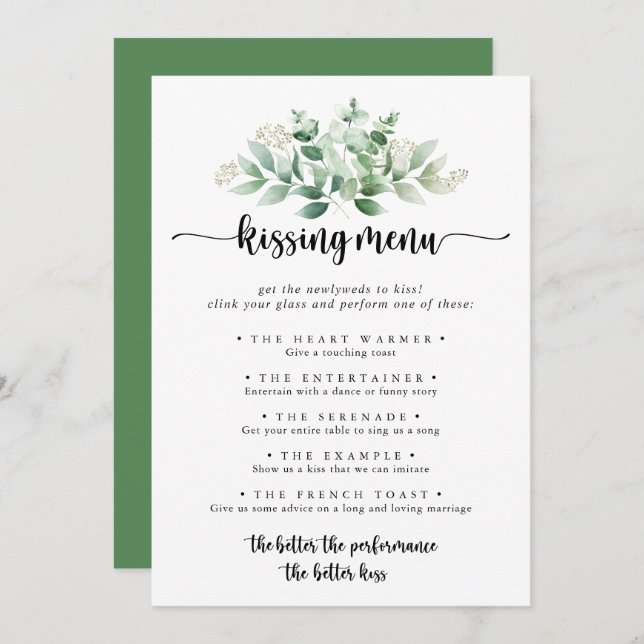Green Eucalyptus Wedding Kissing Menu Game Card (Front/Back)