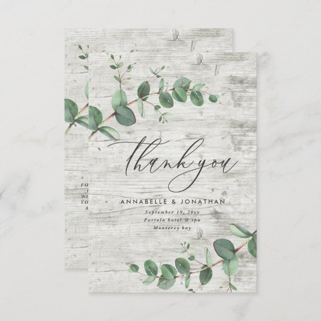 green eucalyptus white wood wedding thank you RSVP card (Front/Back)
