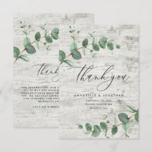 green eucalyptus white wood wedding thank you RSVP card