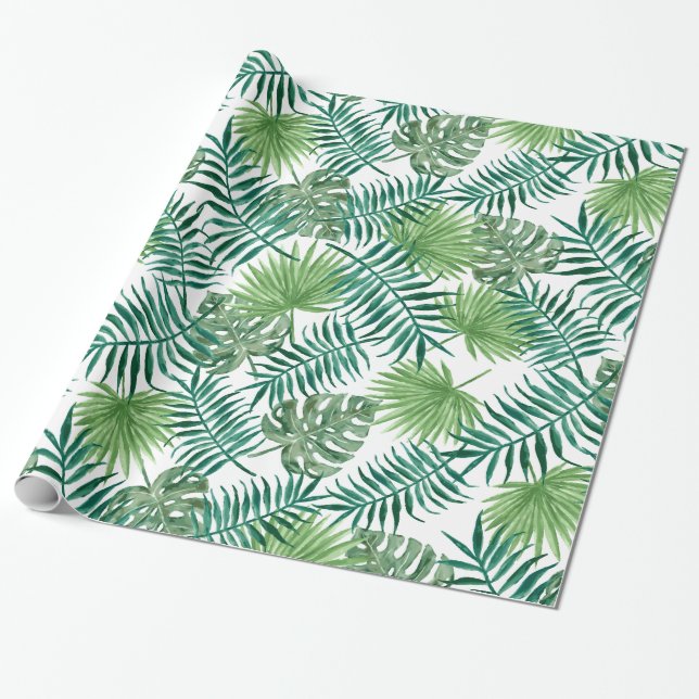 Green Exotic Leaves Wrapping Paper (Unrolled)