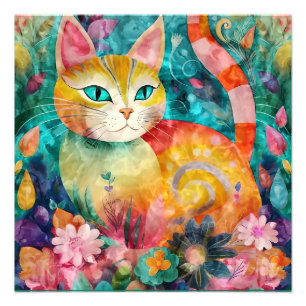 Green Eye Cat Surrounded by Array of Flowers Photo Print
