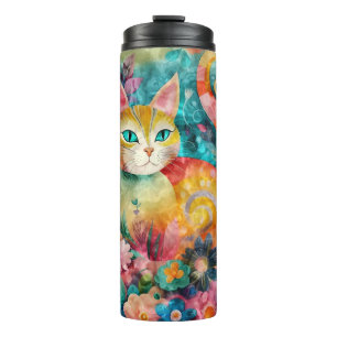 Green Eye Cat Surrounded by Array of Flowers Thermal Tumbler