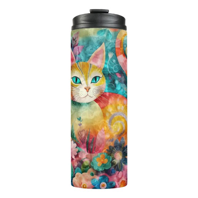 Green Eye Cat Surrounded by Array of Flowers Thermal Tumbler (Front)
