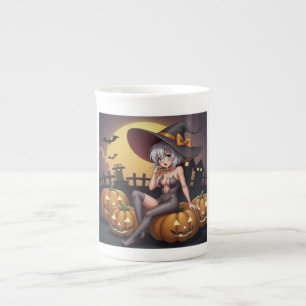 Green Eye Halloween Witch on Jack-O-Lantern's Bone China Mug