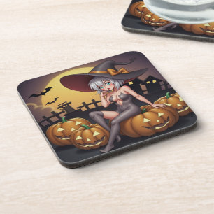 Green Eye Halloween Witch on Jack-O-Lantern's Coaster