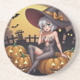 Green Eye Halloween Witch on Jack-O-Lantern's Coaster