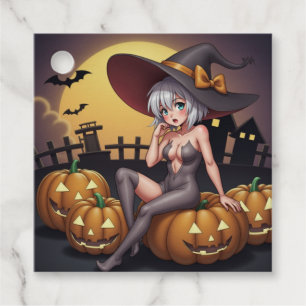 Green Eye Halloween Witch on Jack-O-Lantern's Favour Tags