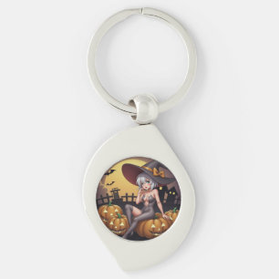 Green Eye Halloween Witch on Jack-O-Lantern's Key Ring