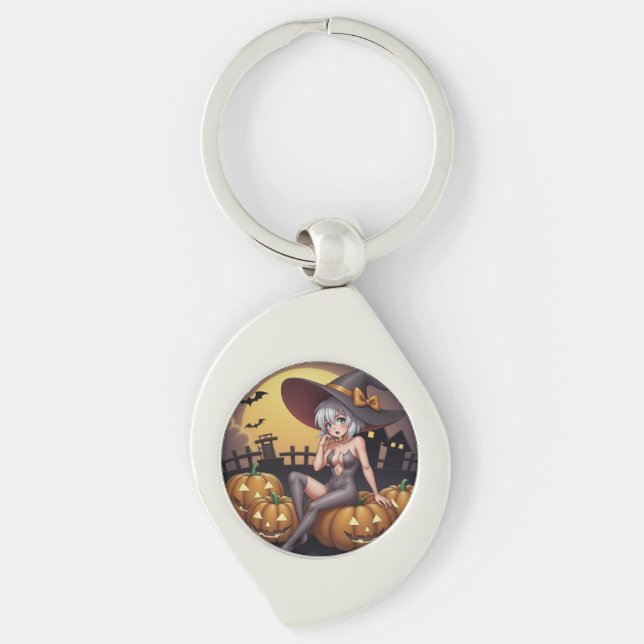 Green Eye Halloween Witch on Jack-O-Lantern's Key Ring (Front)