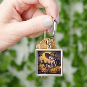 Green Eye Halloween Witch on Jack-O-Lantern's Key Ring