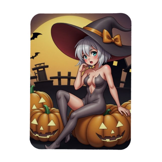 Green Eye Halloween Witch on Jack-O-Lantern's Magnet (Vertical)