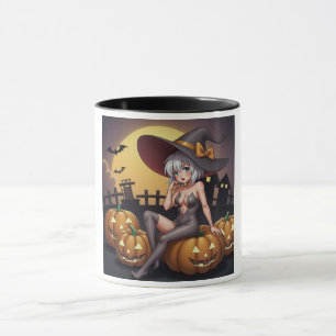 Green Eye Halloween Witch on Jack-O-Lantern's Mug