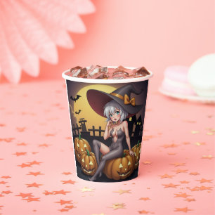 Green Eye Halloween Witch on Jack-O-Lantern's Paper Cups